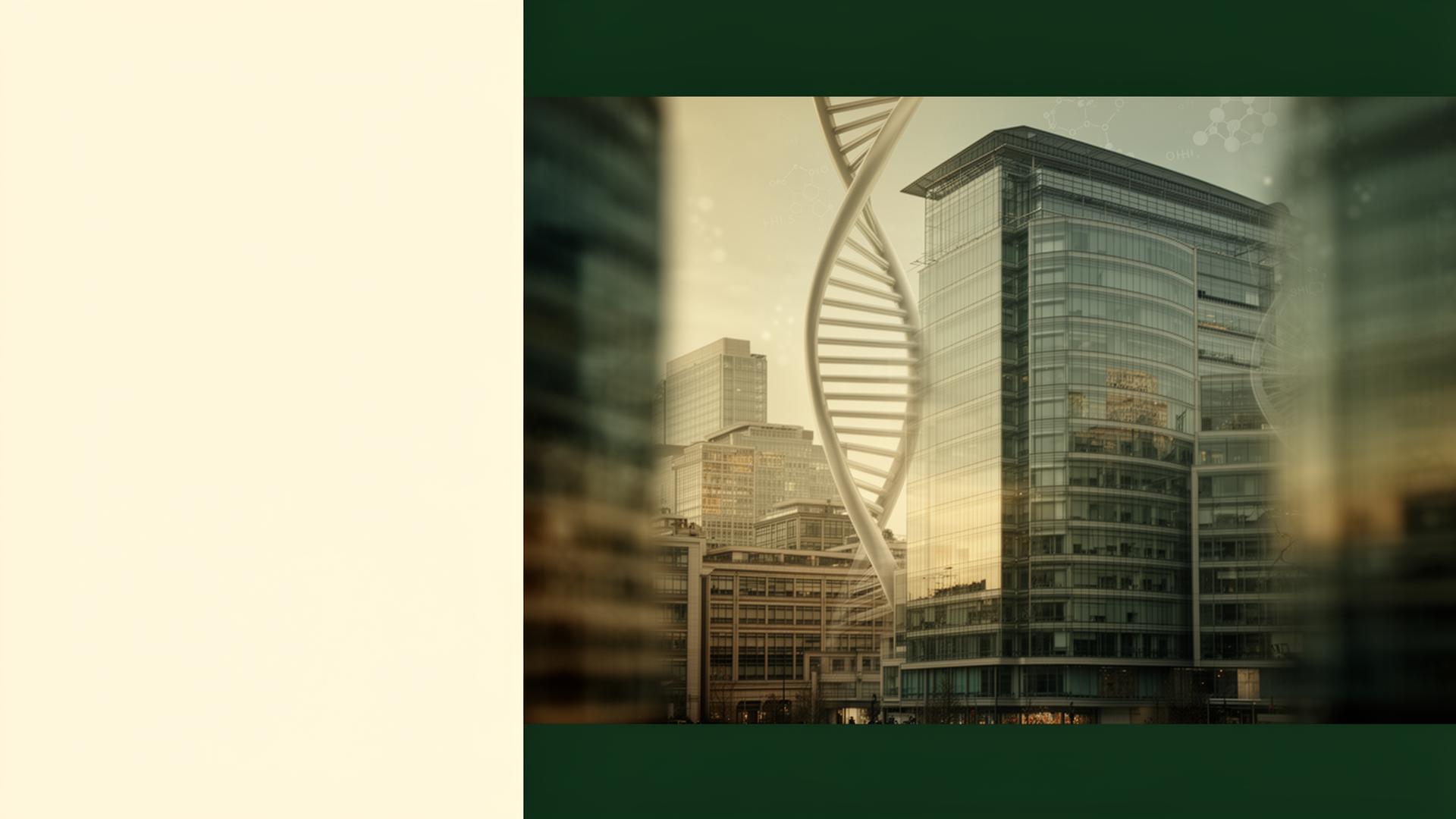 UK healthcare investment skyline — modern London financial district with abstract DNA helix overlay representing life sciences and biotech sector advertising