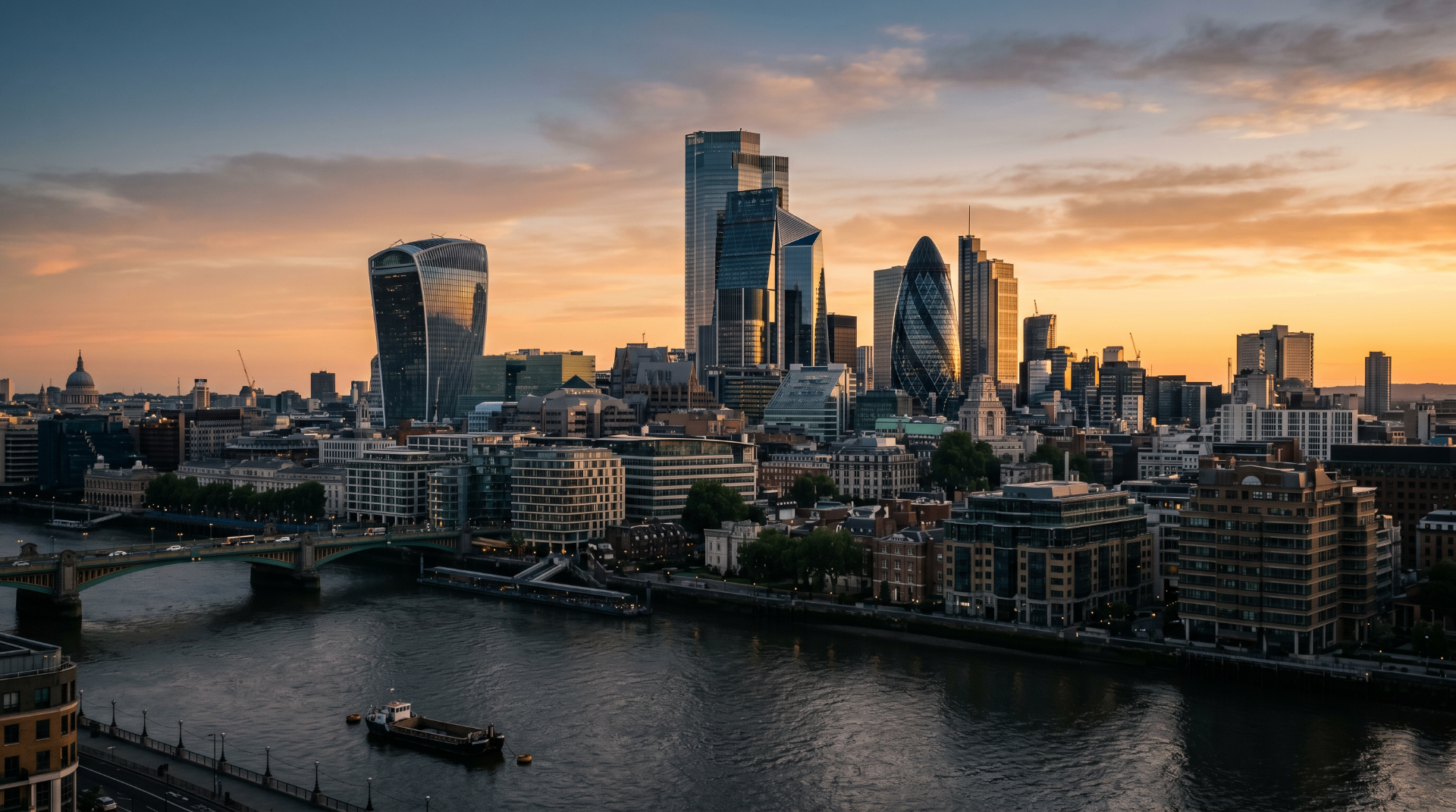 City of London skyline at sunset featuring the Walkie-Talkie, Gherkin and Thames — UK healthcare and life sciences investment hub